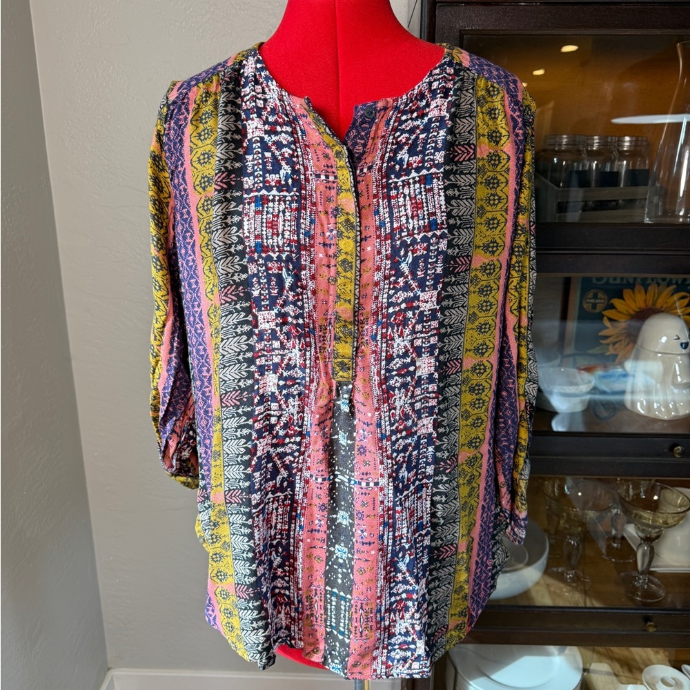 Nine West Jeans Boho Tribal Print Tunic Blouse Bright Multicolor Size L